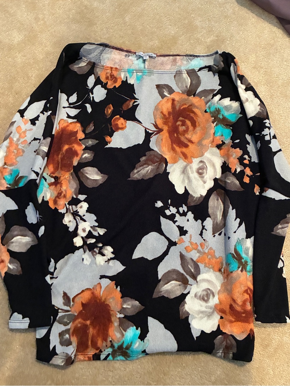 white birch Black Floral Long Sleeve Top with Orange and Teal Accents